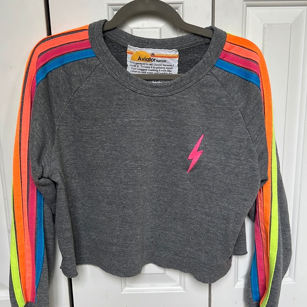 Grey with neon stripes and lightning bolt cropped crew neck